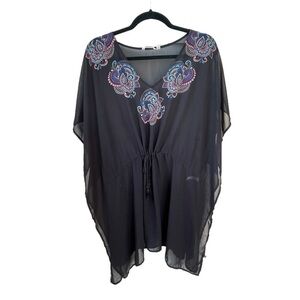 LA VIE EN ROSE AQUA Semi-Sheer Swimwear Coverup Kaftan Black S/M